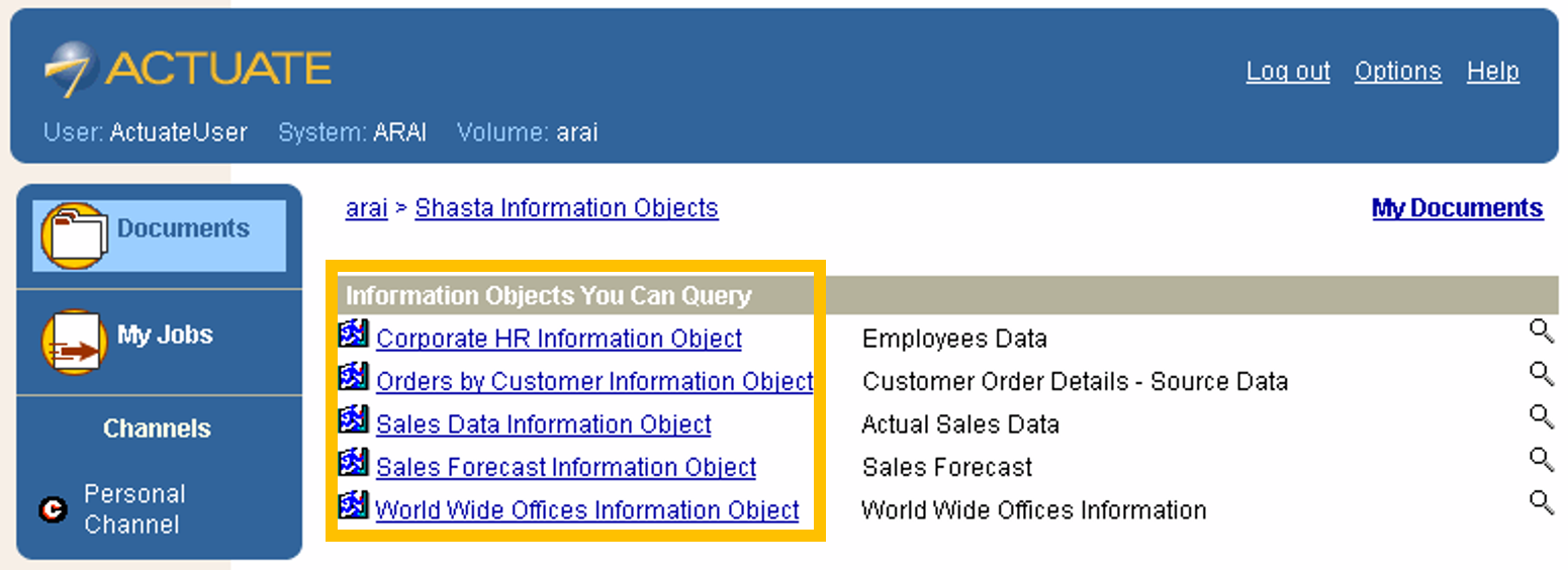 The Actuate Query dashboard displays available information objects.