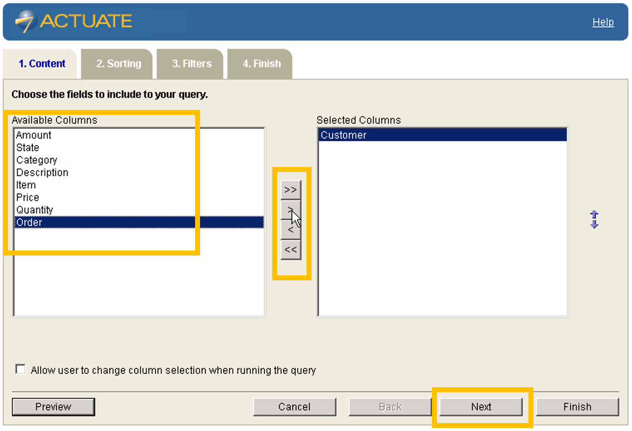 The Content tab displays all available and selected data fields, which are referred to here as columns.