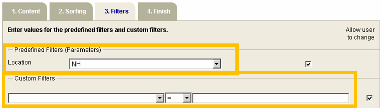 The Filters tab displays dropdown lists for defining filters.