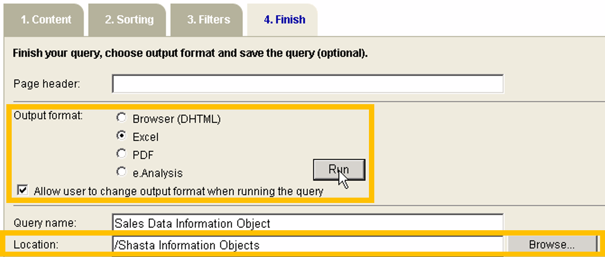 The Finish tab displays options for running and saving the query.