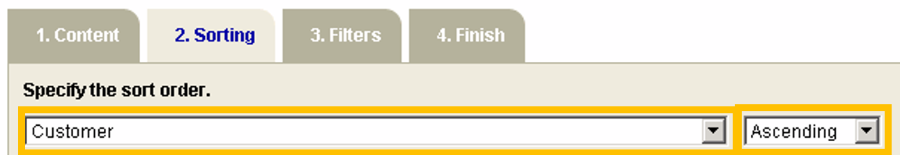 The Sorting tab displays dropdown lists for specifying the sort order of data.