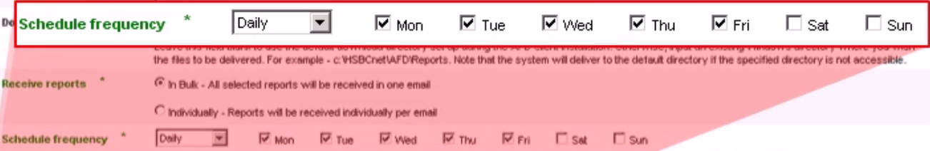 Select which days of the week to receive reports from the Schedule frequency dropdown list and checkboxes.