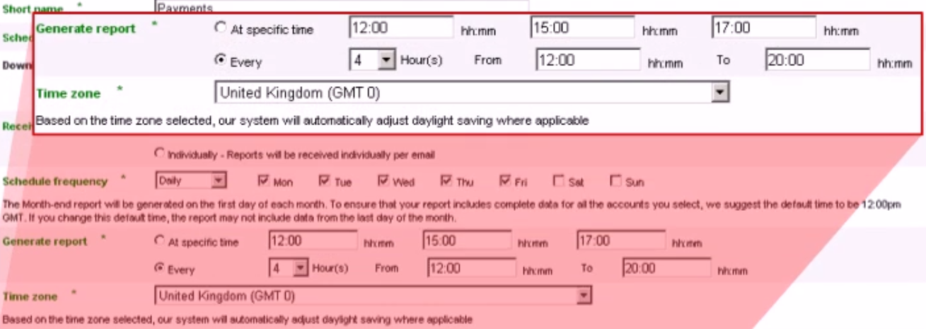 From the Generate report and Time zone options, select when to receive reports on scheduled days.