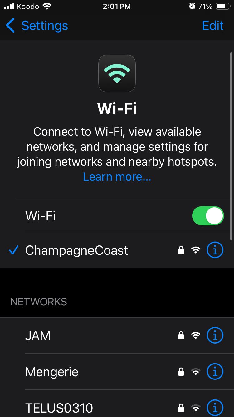 Screenshot of the Wi-Fi settings screen, including a successfully connected network