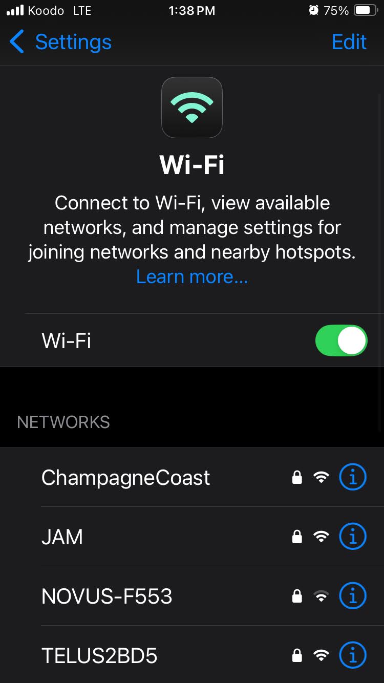 Screenshot of the Wi-Fi settings screen, including the Wi-Fi toggle switch and Networks list